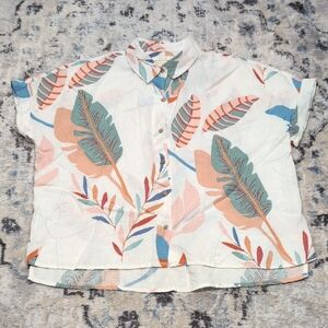 Cynthia Rowley Linen Shirt Women’s M Tropical Leaf Print Button Up Resort